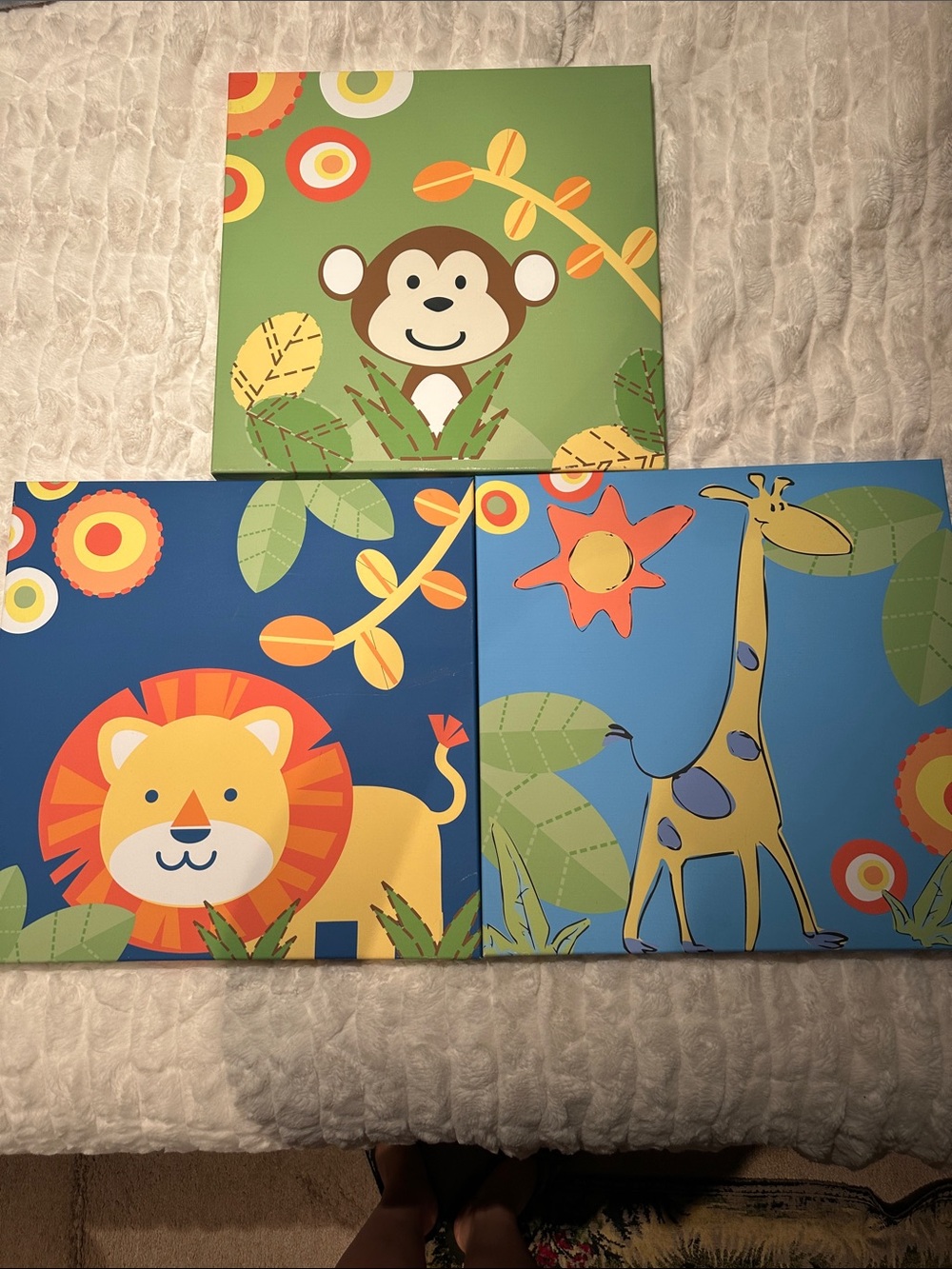 Nursery Jungle Animal Canvas Trio - Monkey, Lion, Giraffe - Green & Blue